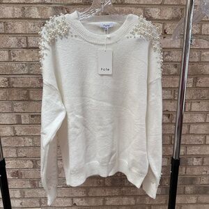 NEW Fate White Pearl Embellished Knit Crew Sweater - Women's XL